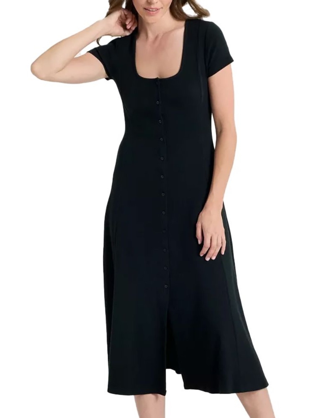 Universal Thread Black Button-Front Square Neck Ribbed Midi Dress